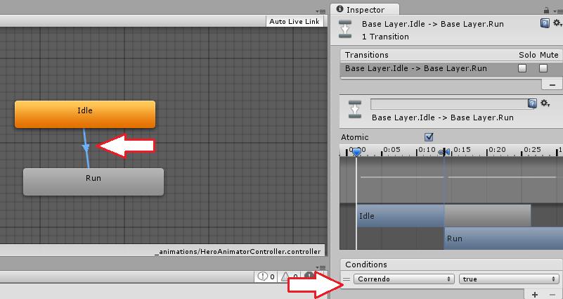 Chame o parâmetro de Correndo. 22. Agora clique com o botão direito em cima do estado Idle (cor laranja), selecione Make Transition e depois clique em cima do estado Run.