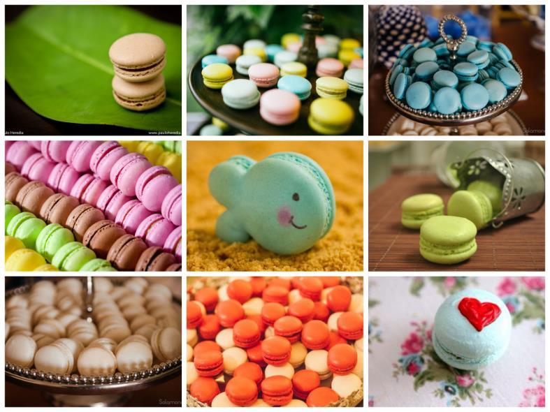 Macarons Cores Valor unitário Sabores Laranja Pequeno - 4 cm - R$ 3,50 Avelã Marrom Acima de 100 - R$ 3,30 Chocolate Bege Coração - R$ 3,70 Coco Branco Peixe/Concha/Nuvem - R$ 5,00 Morango Preto