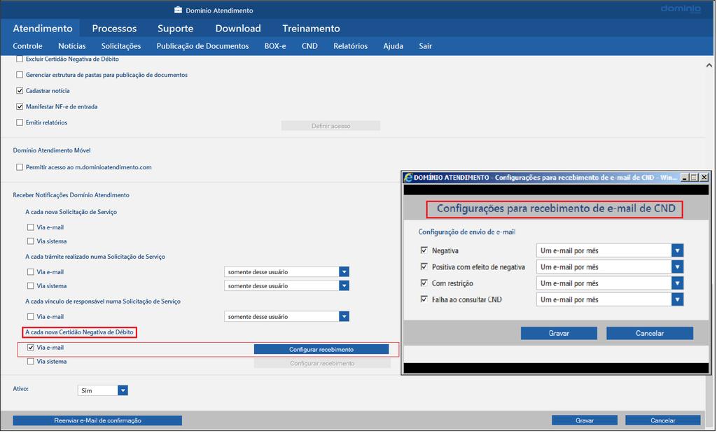 1.4.1.3- "[x] Com restrição", para que seja enviado e-mail com a relação de certidões com restrição emitidas, e no campo ao lado selecione a opção informada que será enviada um e-mail por mês, por