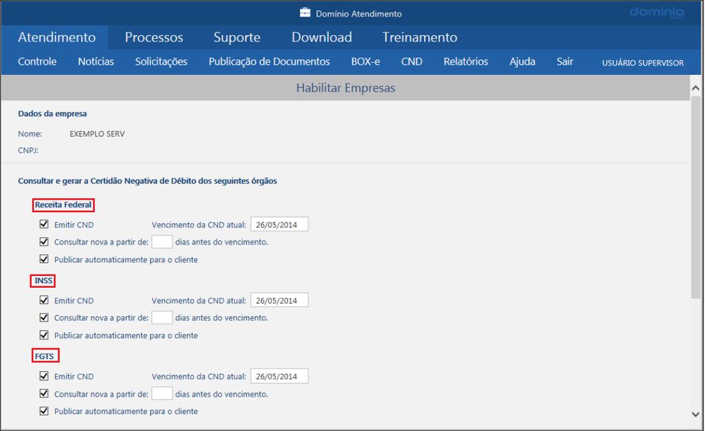 4- CONSULTAR E VISUALIZAR AS CERTIDÕES NEGATIVAS DE DÉBITOS: 4.1- Acesse o menu ATENDIMENTO, opção CND e clique em RELAÇÃO DE CND; 4.1.1- No campo CLIENTE, selecione o cliente correspondente. 4.1.2- No campo TIPO, selecione o tipo de órgão correspondente que deseja consultar.