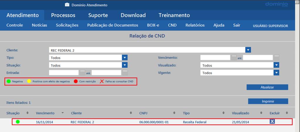 4.1.6- No campo ENTRADA e ATÉ, informe o intervalo de data de entrada que deseja consultar. 4.1.7- No campo VIGENTE, selecione a opção correspondente. 4.1.8- Clique no botão [Atualizar], para atualizar as certidões conforme as configurações realizadas;