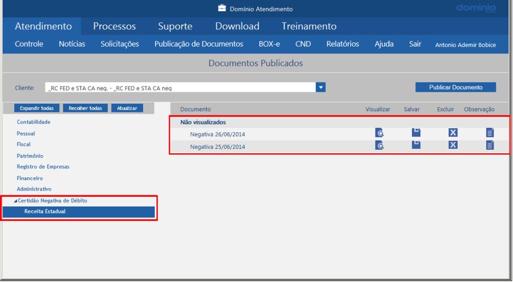 2 - Na janela DOCUMENTOS PUBLICADOS, foi criado o departamento CERTIDÃO NEGATIVA DE DÉBITO; 6.