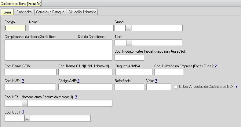 Aba Geral Código - não precisa informar, pois o sistema irá gerar um sequencial, podendo ser código alfa numérico de acordo com a configuração marcada; Nome Informa a denominação do nome do item;