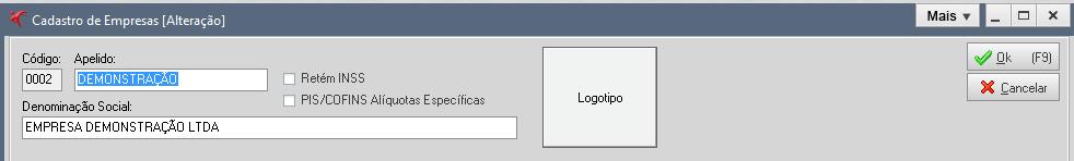 1 - CADASTRO EMPRESA / ESTABELECIMENTO O usuário deverá ir em Cadastro / Empresa - Clicar no botão Novo e começar a informar os dados da Empresa como Nome/ Apelido e a Denominação Social que será o