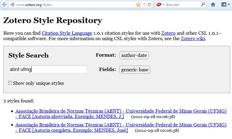 ), sendo aqui abordado o estilo: Associação Brasileira de Normas Técnicas (ABNT) Universidade Federal de Minas Gerais (UFMG) FACE O estilo está disponível para instalação no repositório de estilos do