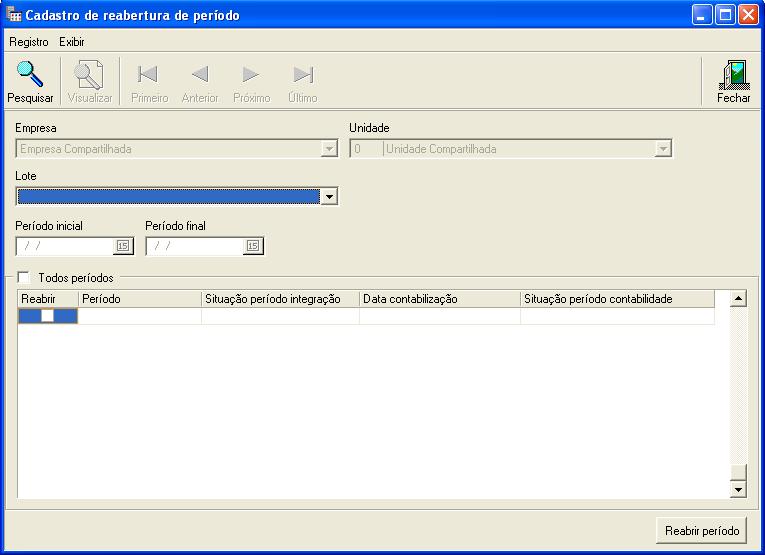 Fig.9 Em Lote deverá selecionar o lote cadastro (ver item 2.2 Cadastro de Lote ). Deve informar o Período inicial e o Período final para reabertura que deverá ser composto no formato mês/ano.