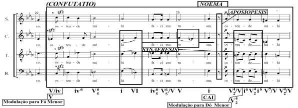 Confutatio Posterior à terminação da Propositio, no compasso 20, com uma Cadência Autêntica Imperfeita, tem-se a inclusão de novos elementos e argumentos relacionados à tese fundamental.