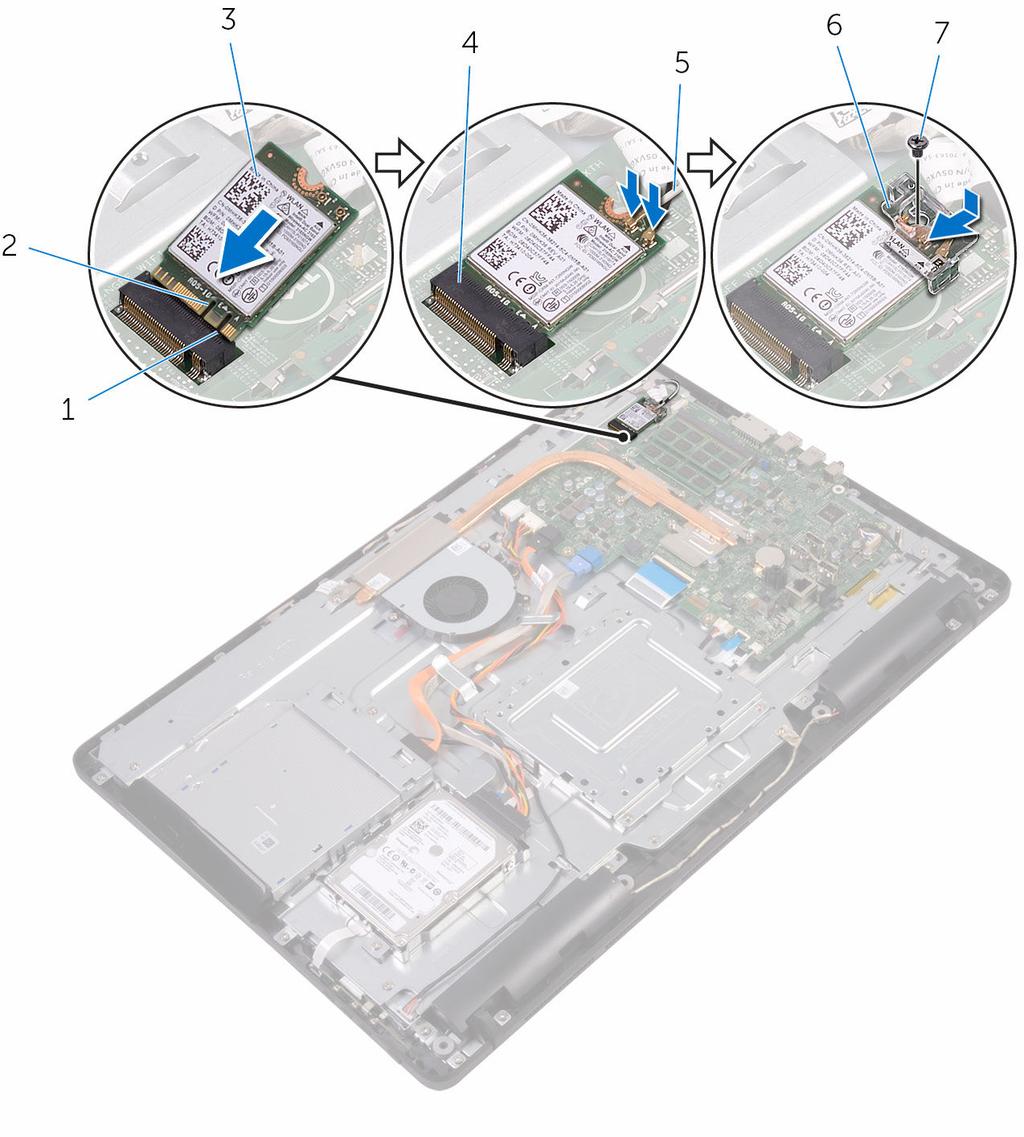 5 Recoloque o parafuso que prende o suporte da placa de rede sem fio e a placa de rede sem fio à placa de sistema.