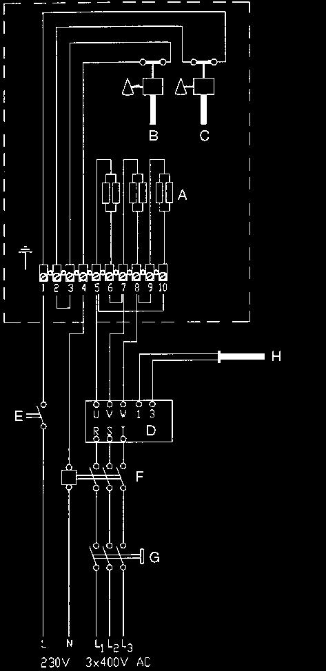 ) E: Interruptor F: Contactor G: Protecção de linha H: Sonda de temperatura opcional (de conduta STC (TG-K3) ou ambiente STA (TG-R5) A: Resistências