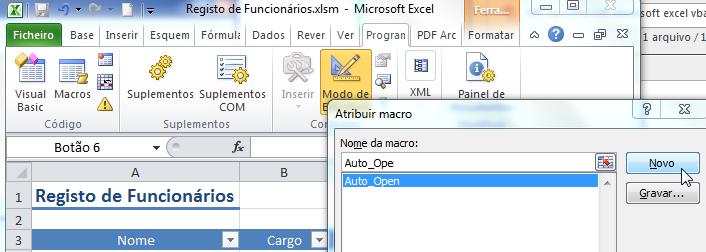 10 Na caixa de macros, digite Auto_Open. Isso significa que a macro será executada sempre que o Excel for aberto. Clique em Novo.