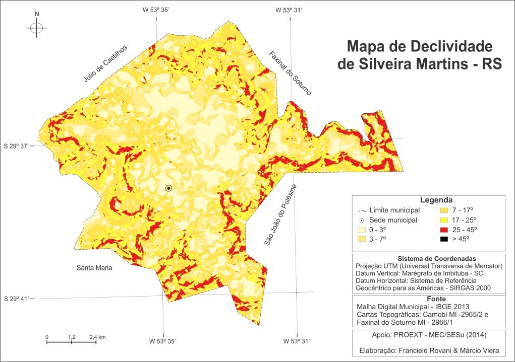 Mapas temáticos de Silveira Martins Declividade O mapa de declividade representa a inclinação do relevo do território de Silveira Martins.