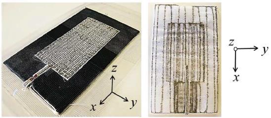 89 Figura 55 - Vista superior (a) e inferior (b) para antena têxtil com patch bordado com fio de prata em substrato de EPDM. (a) Fonte: KOSKI et al., 2014.