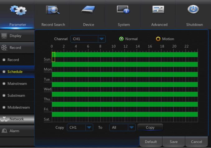 4.6 Programação Ir para Menu Principal Parameter Record Schedule para entrar na interface Schedule e definir a programação de gravação do NVR. Selecionar o canal e a data a ser definida.