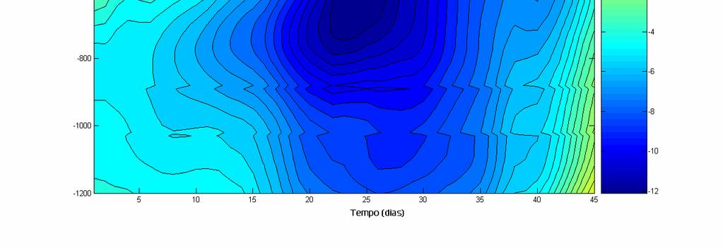 A subida da AIA pode ser vista também comparando-se as seções verticais de salinidade em 23ºS nos dias 20 e 45 (Figura 3-42).