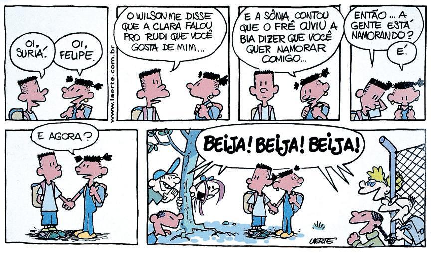 (Laerte. Suriá, a garota do circo. São Paulo: Devir/Jacaranda, 2000. p. 63.) A tira é construída com verbos no passado e verbos no presente. a) Quais são os verbos que estão no pretérito perfeito?