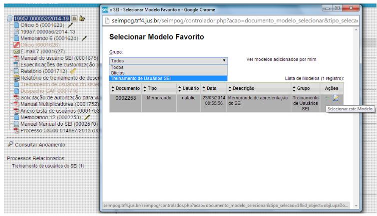 Basta selecionar o modelo desejado por meio do ícone coluna Ações da planilha da Lista de Modelos.