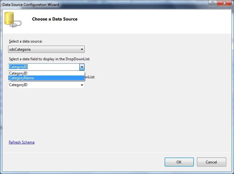 26. Voltando ao assistente de configuração do DropDownList em Select a data Field to display in the DropDownList selecione o campo CategoryName, este será o campo que ficará visível na aplicação e,