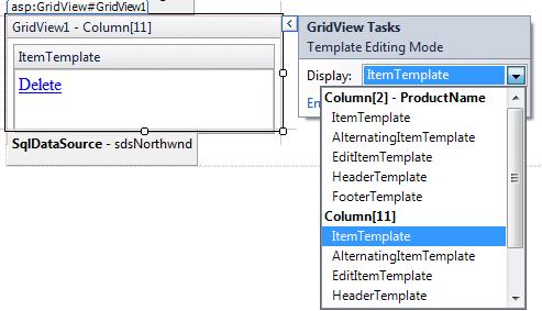 40. Retorne ao modo Design da página Default.aspx e novamente acesse a edição de colunas do GridView; 41.