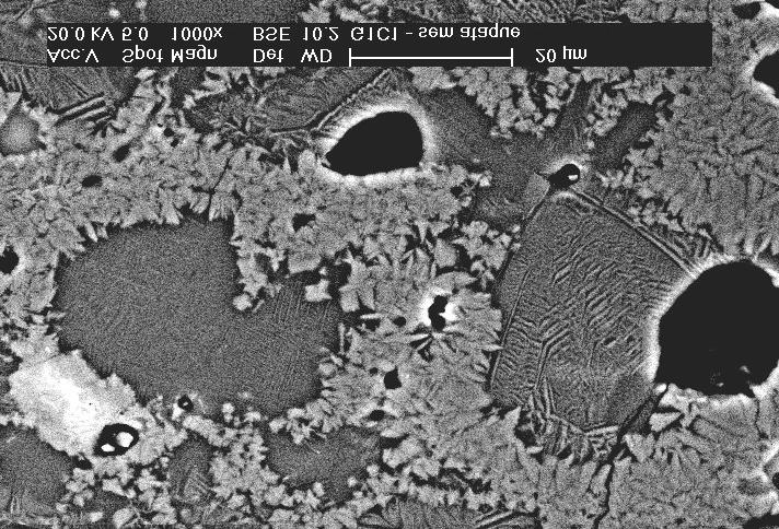 Figura 5 a) micrografia da amostra G1-1, sinterizada a 1050 (15 min) e b) no detalhe: cristais de cordierita.