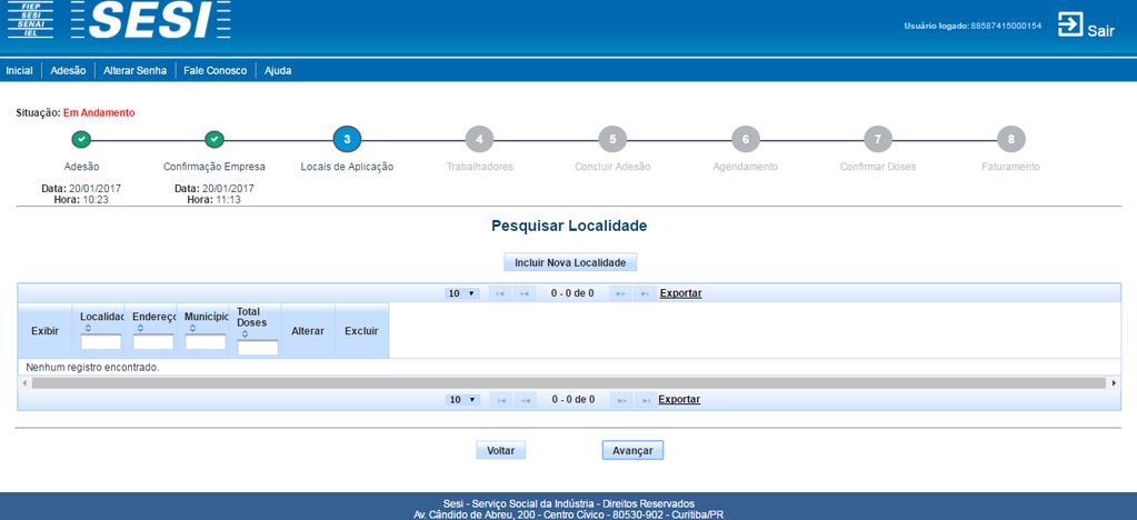 2.2 - Localidade Nota: Localidade é o endereço da sua empresa onde irá ocorrer a vacinação.