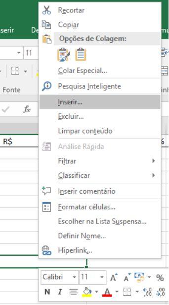 Figura 44 - Clique botão direito mouse Inserir