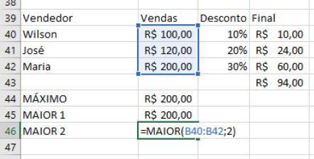 Figura 62 - Exemplo função MAIOR 2 Na Figura 61 e Figura 62Figura 59 demonstramos o uso da função maior, utilizando a função para obtermos o maior e segundo maior valor da base de dados.