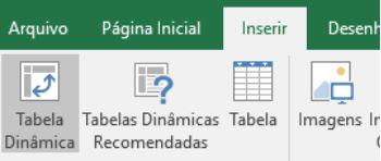 Figura 149 - Menu Tabela dinâmica Após clicar no icone Tabela Dinâmica, o menu aparecerá Figura 150 - Menu Criar Tabela Dinâmica Neste menu indicamos de onde a Tabela Dinâmica buscará os dados e onde