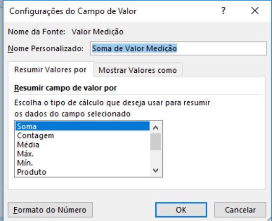 Após clicarmos em Configurações do Campo de Valor... o menu da Figura 155 deverá aparecer.