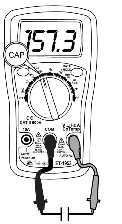 E. Medidas de Capacitância ADVERTÊNCIA Para evitar possíveis ferimentos pessoais ou danos ao instrumento, assegure-se de que o capacitor em teste esteja totalmente descarregado. 1.