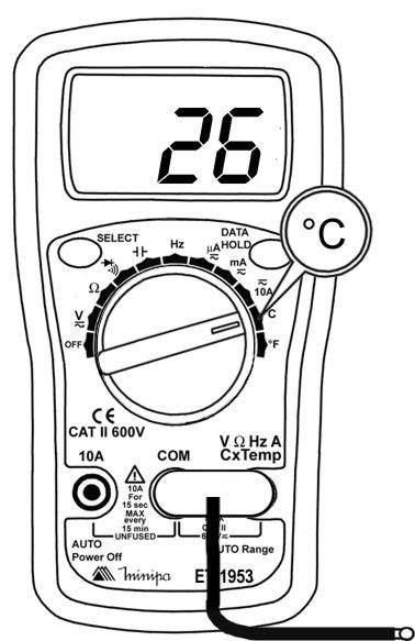 F. Medidas de Temperatura ADVERTÊNCIA Máxima Tensão na Entrada na Função Temperatura 60V DC ou 24V RMS AC. 1. Posicione a chave rotativa na faixa C ou F. 2. Insira a ponta preta do termopar no terminal COM e a ponta vermelha no terminal VAΩHzCxTemp.