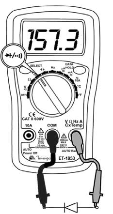 G. Teste de Diodo Polarização Direta Figura 8 1. Conecte a ponta de prova preta no terminal de entrada COM e a ponta de prova vermelha no terminal de entrada VAΩHzCxTemp. 2.