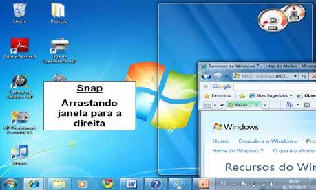 Para visualizar o desktop deixando todas as janelas transparentes, basta apontar o ponteiro do mouse para a borda direita da barra de tarefas e perceba que as janelas abertas ficarão transparentes: