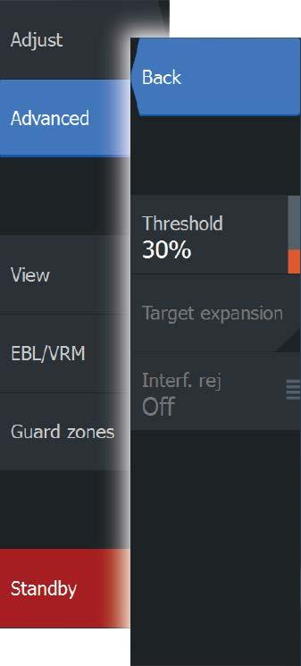 Opções avançadas do radar Rejeição de ruído (Apenas no radar 4G de banda larga) O controlo Noise Rejection (Rejeição de ruído) define a quantidade de filtragem de ruído aplicada pelo radar.