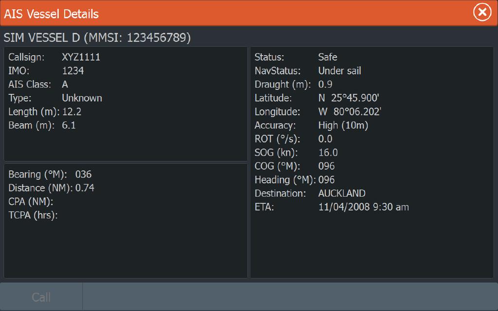 Informações do AIS nos painéis de radar A barra de dados de radar inclui informações de até 3 alvos AIS.