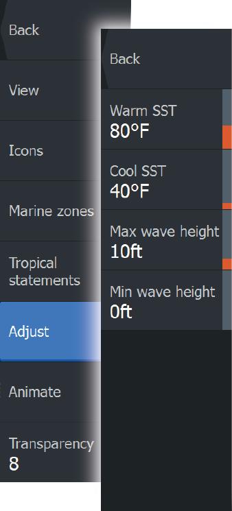 Ajustar códigos de cores Pode definir o intervalo de temperatura da superfície do mar e a codificação por cor da altura das ondas.