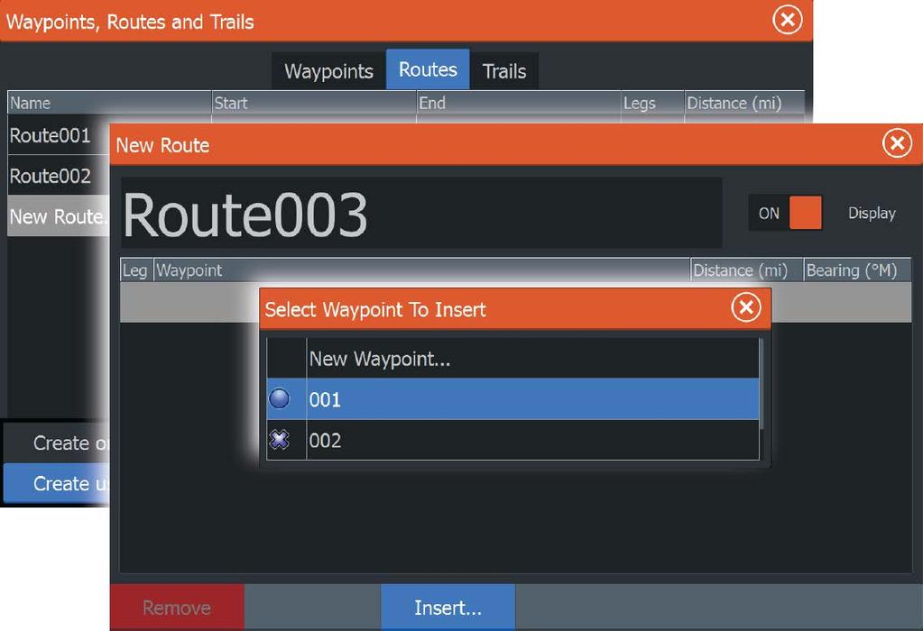 Criar rotas utilizando waypoints existentes Pode criar uma nova rota combinando waypoints existentes a partir da caixa de diálogo Routes (Rotas).