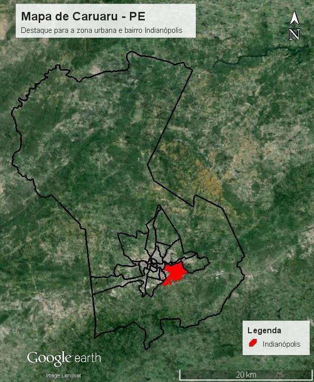 Figura 01 Mapa de Caruaru com destaque para área urbana e o bairro Indianópolis Fonte: Elaboração Própria (2015) Métodos utilizados O desenvolvimento do estudo se deu a partir de duas etapas: a