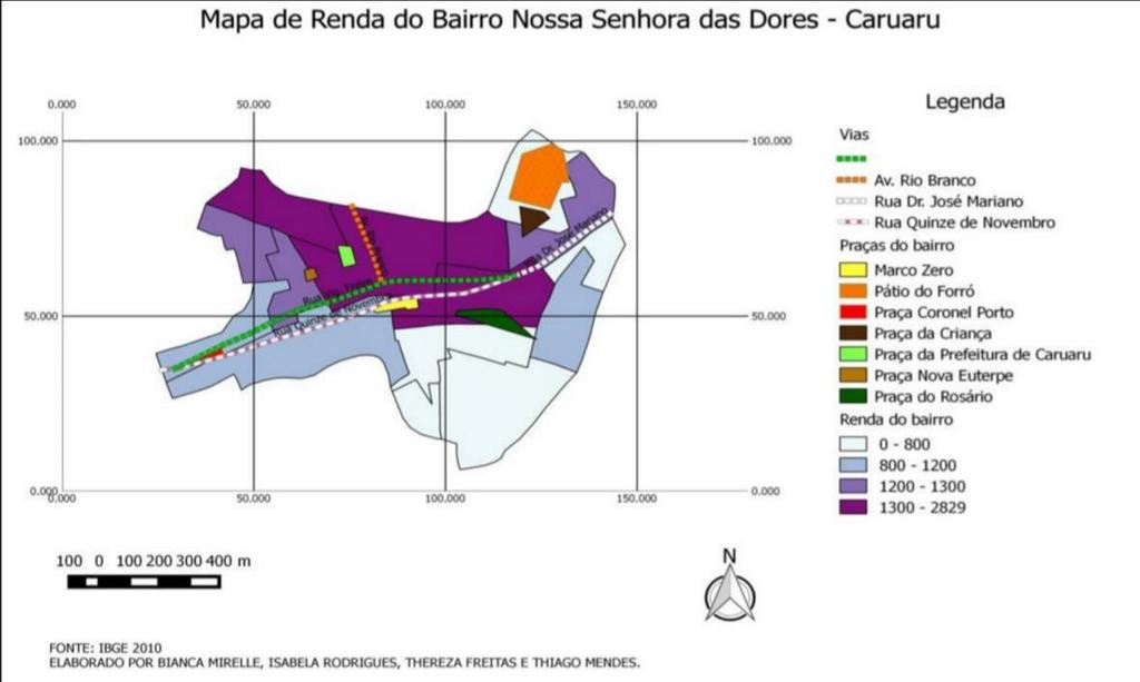 Mapa 3: Mapa de Domicílios do Bairro Nossa Senhora das Dores Caruaru/PE Fonte: Produzido Pela Equipe (2016) Ao associar o mapa de população com o de renda (Mapa 4), percebe-se uma mudança.