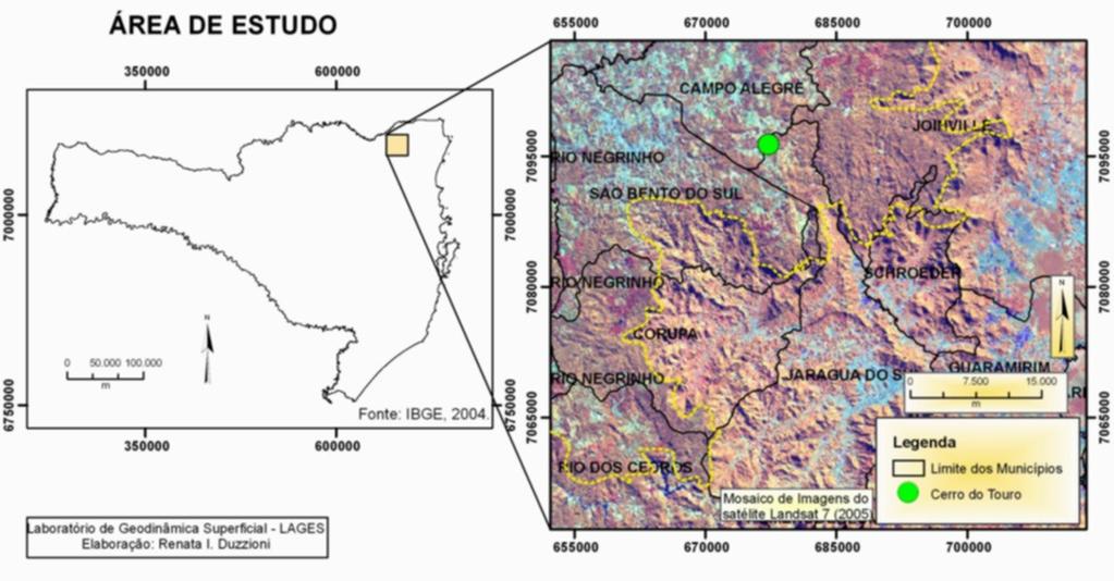 Figura 1: Localização da área de estudo. Notar Planalto de São bento do Sul delineado em amarelo, a partir dos contrafortes da Serra do Mar, ao Sudeste.