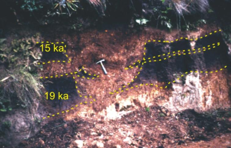 Figura 3: Seção estratigráfica do Cerro do Touro. Os números referem às idades 14 C dos paleossolos identificados: 19.130 ±110 A.P. (19 ka) e 15.260 ±80 A.P. (15 ka).