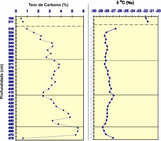 Figura 9: Distribuição do percentual de C e do índice 13 C ao longo da unidade 2. As amostras entre 194 cm e 211cm pertencem à unidade 4 da Figura 5 (paleoorizonte A moderado).