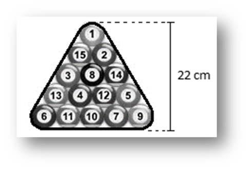 QUESTÃO 27 Quinze bolas esféricas idênticas de bilhar estão perfeitamente encostadas entre si, e presas por uma fita totalmente esticada. A figura mostra as bolas e a fita, em vista superior.