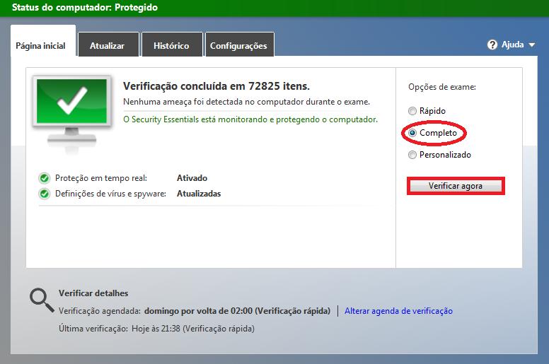 Com a Microsoft Security Essentials, você pode escolher o tipo de exame em sua maquina.