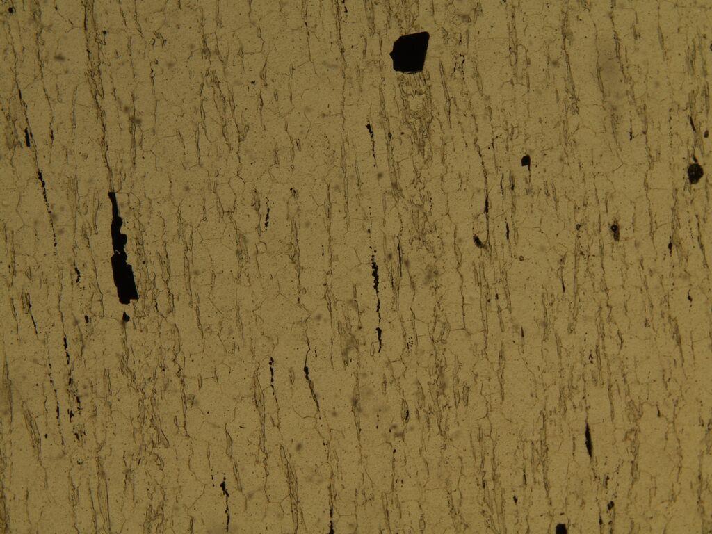Minerais Opacos Textura Granoblástica com níveis Lepidoblásticos sendo que os níveis Granoblásticos são dados por Quartzo e os lepidoblásticos por muscovita.