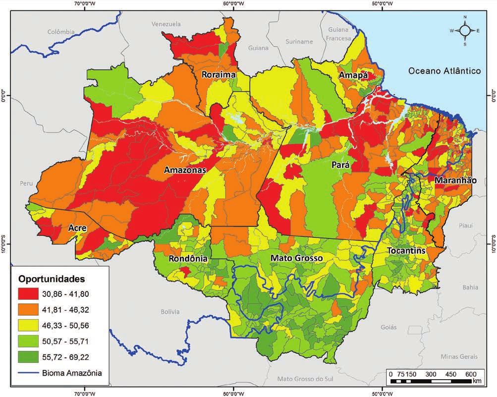 PRINCIPAIS RESULTADOS AS DIMENSÕES DO IPS AMAZÔNIA DIMENSÃO 3 (Oportunidades) Esta dimensão estima o nível de oportunidade existente nos municípios da Amazônia por meio de quatro componentes: