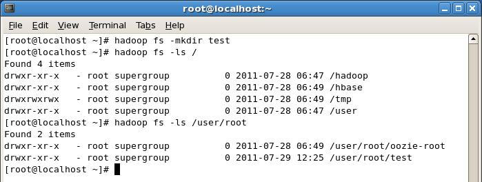 perceberá que o diretório test foi criado no diretório /user/root.