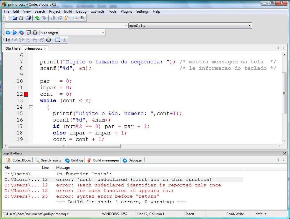 Resultado da compilação do programa primprog.c. O compilador que é usado pelo Code::Blocks, ou seja, o gcc, é capaz de identificar muitos erros de sintaxe nos programas.