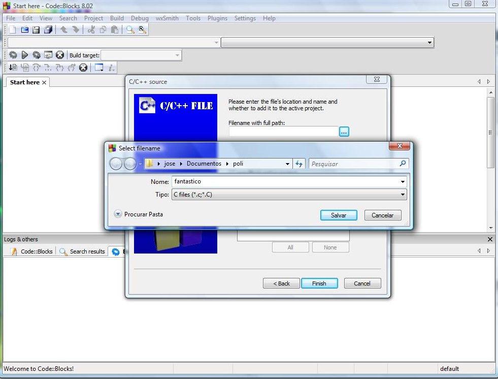 Digite nome de arquivo. Clique agora em Salvar e depois em Finish. Na janela que foi criada você vai digitar, compilar e executar seu primeiro programa em C. Digite o programa mostrado abaixo.