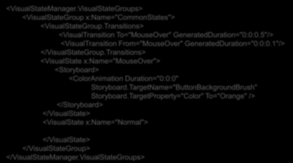 Transições outro exemplo <VisualStateManager.VisualStateGroups> <VisualStateGroup x:name="commonstates"> <VisualStateGroup.Transitions> <VisualTransition To="MouseOver" GeneratedDuration="0:0:0.