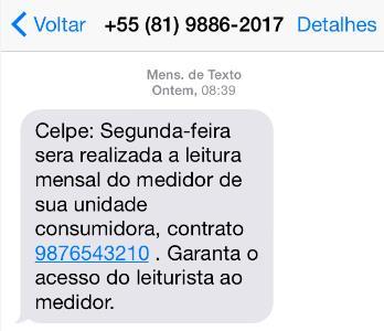 SMS, assim como ocorre na URA é de caráter proativo já que é transmitido no dia anterior a realização da visita do Leiturista, mas informa apenas a próxima data de leitura.